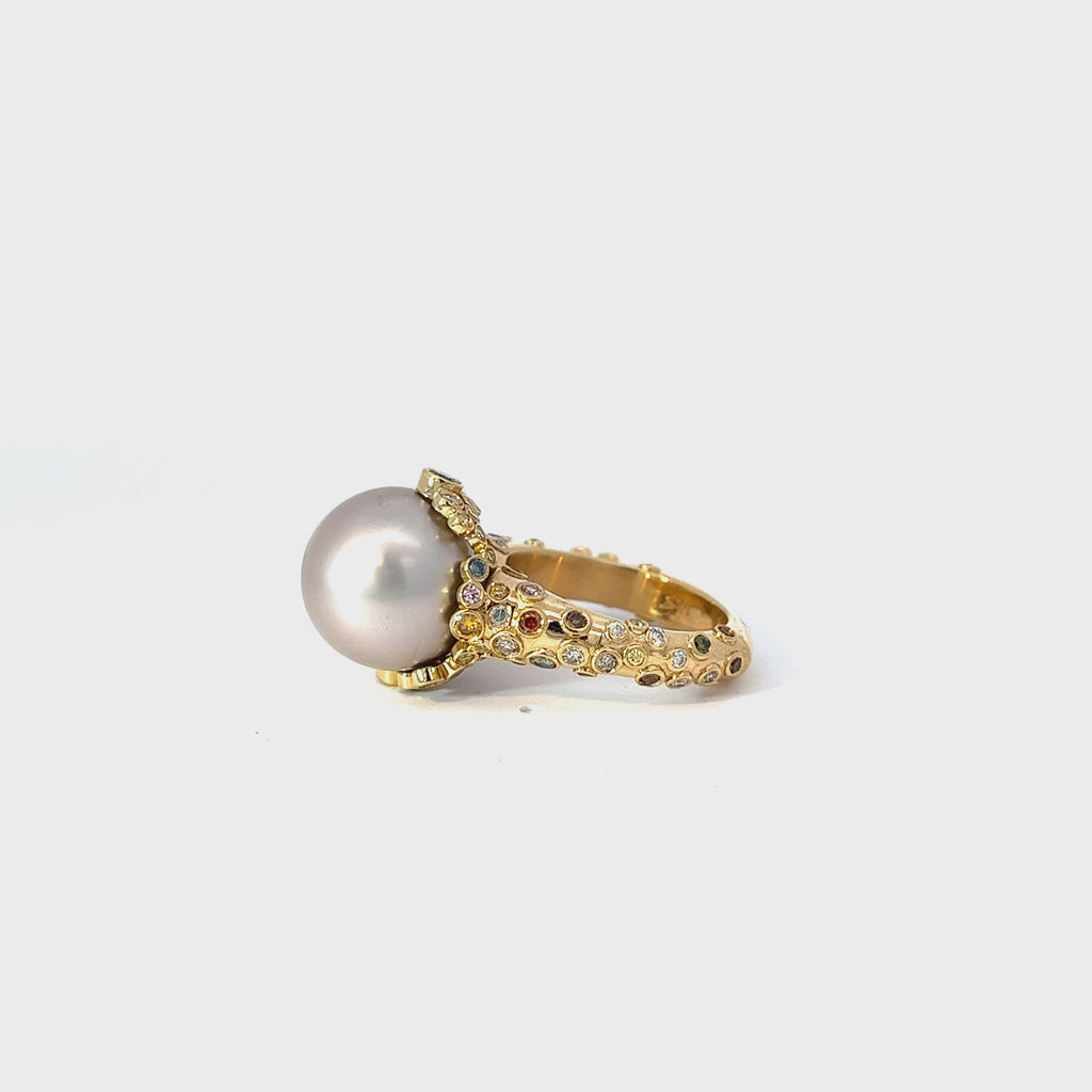 18k Yellow Gold 2.00ct G VS2 Round Multi Color Diamond / Coral Reef Pearl Inspired 13.5mm Ring Certified BY GIA #1186592896