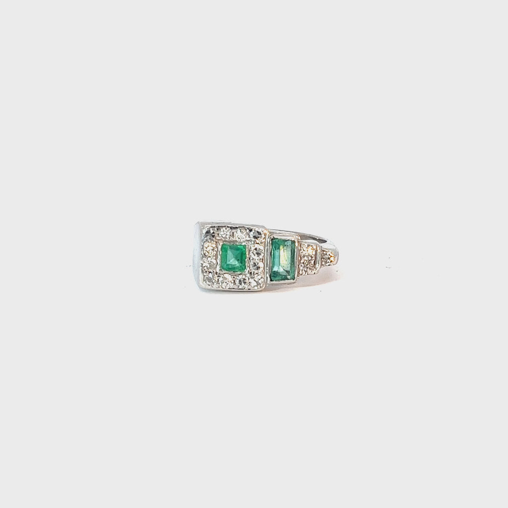 Platinum Emerald Shape and Princess Cut  Emerald and Round Diamond Ring
