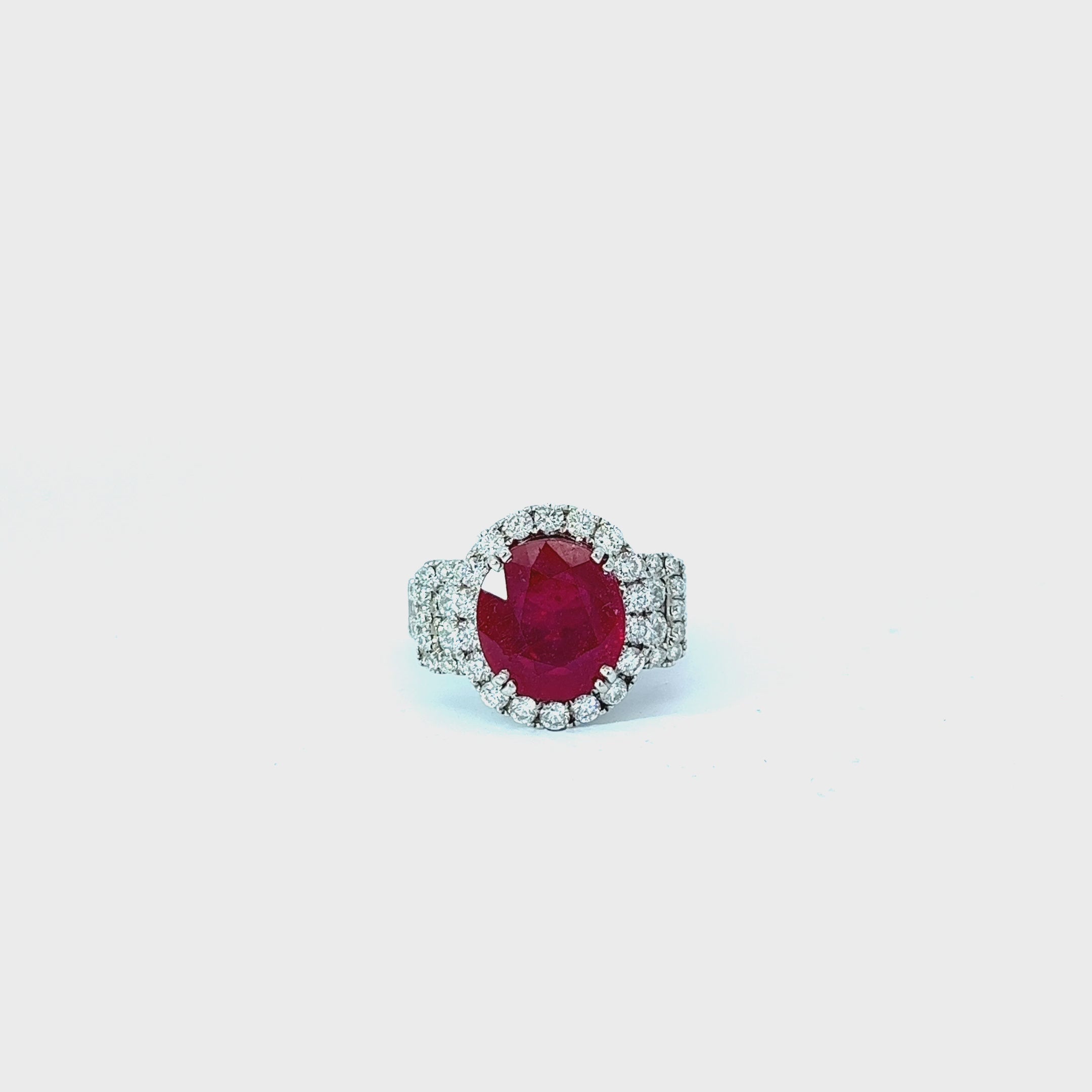 18k White Gold 6.51ct Oval Shape Ruby and 1.85ct F VS2 Round Diamond Ring