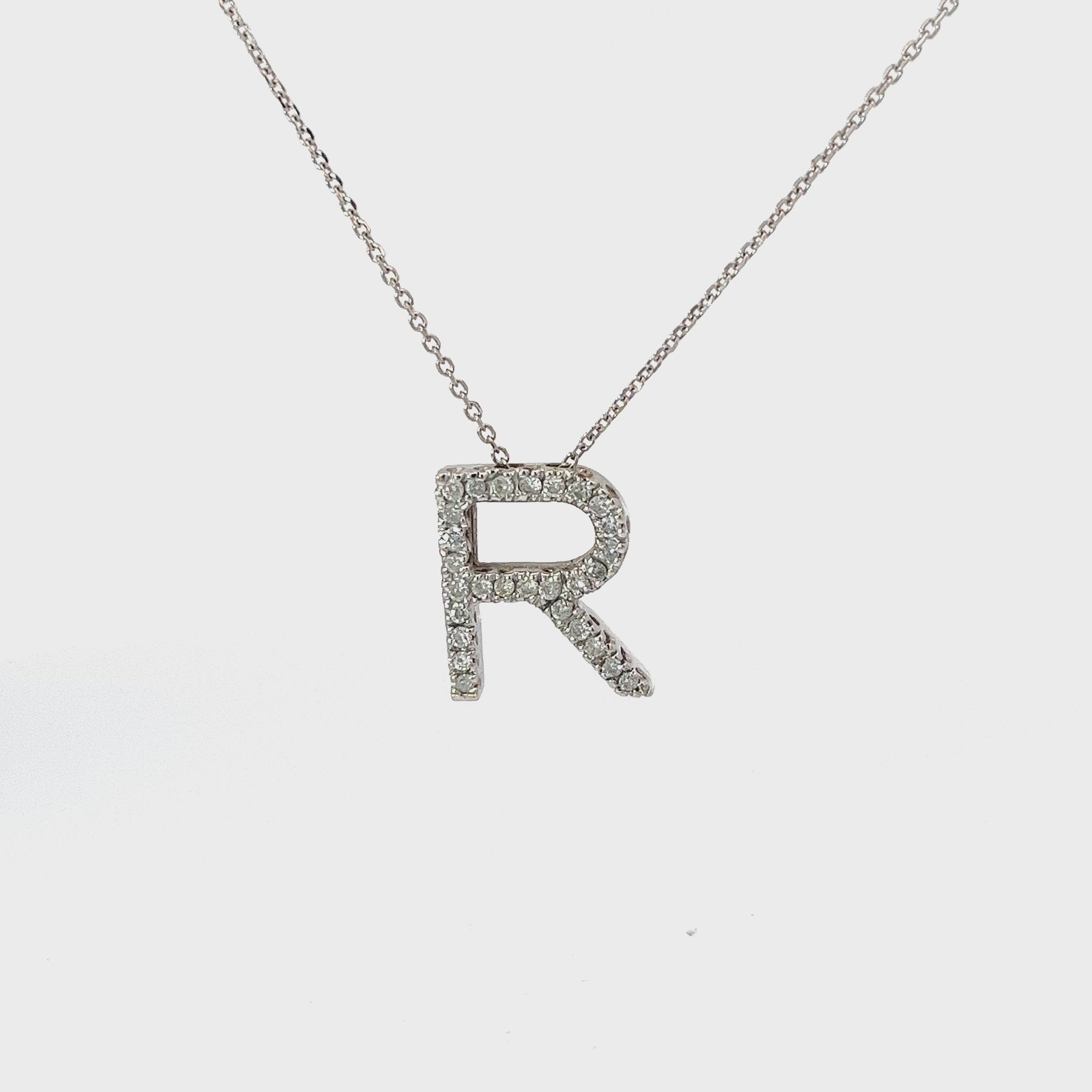 Ladies 14k white gold diamond "R" letter necklace