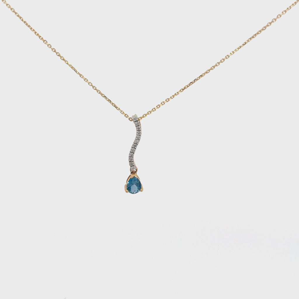 14k Yellow gold 1.00ct Pear Shaped Blue Zircon and .13ct G SI1 Round Diamond  Necklace