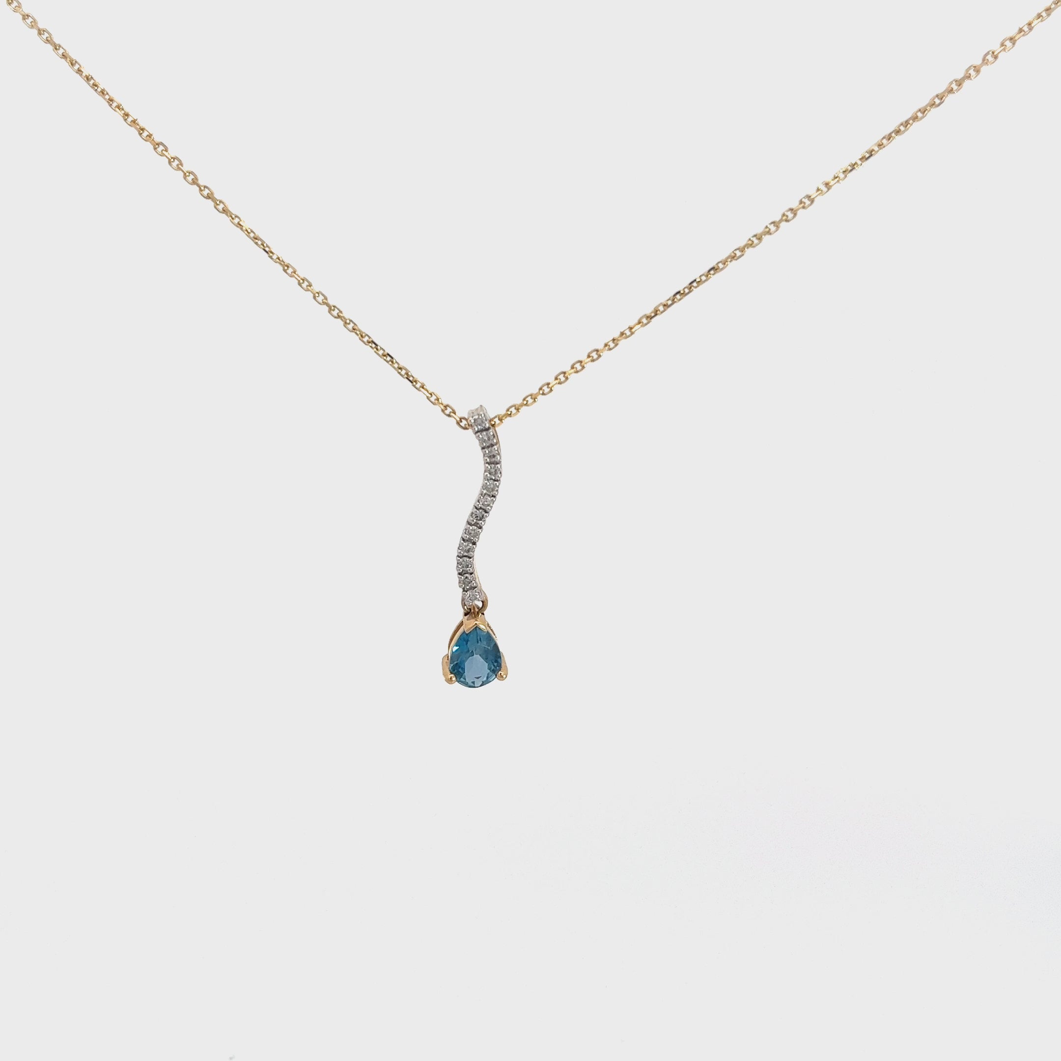 14k Yellow gold 1.00ct Pear Shaped Blue Zircon and .13ct G SI1 Round Diamond  Necklace