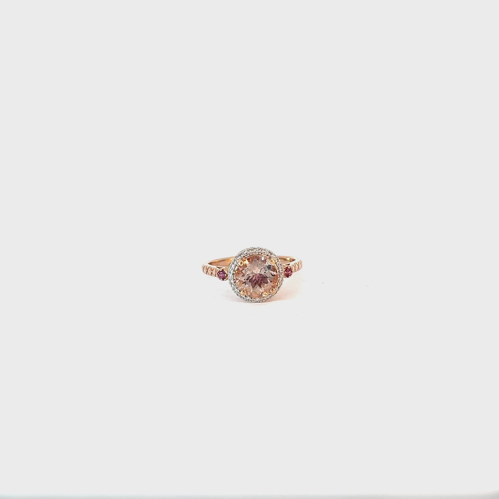 14k Rose Gold 2.00ct  Morganite, .10ct G SI1 Round Diamond and Round  Pink Sapphire ring