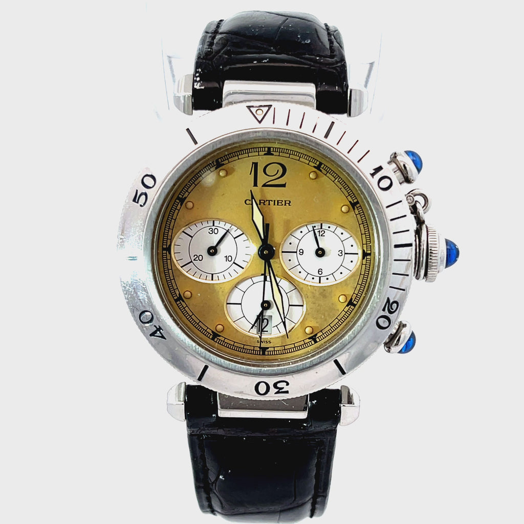 Pre-owned Cartier Unisex Pasha Stainless Black Leather Strap Gold Dial Chrono Watch model 1050-1