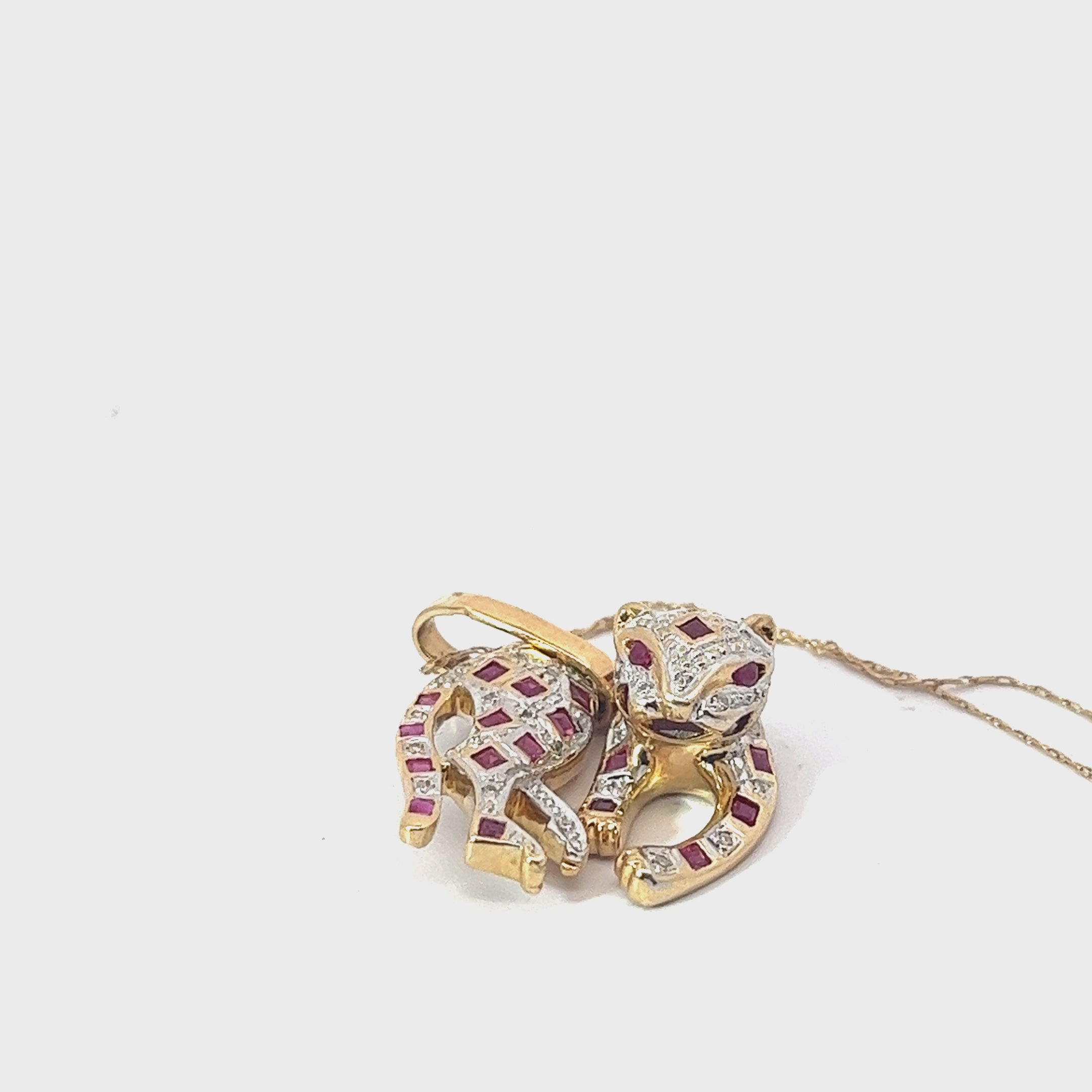 14k Yellow Gold .75ct Princess Cut Ruby and .25ct G SI1 Round Diamond Panther Necklace 6.7 gram