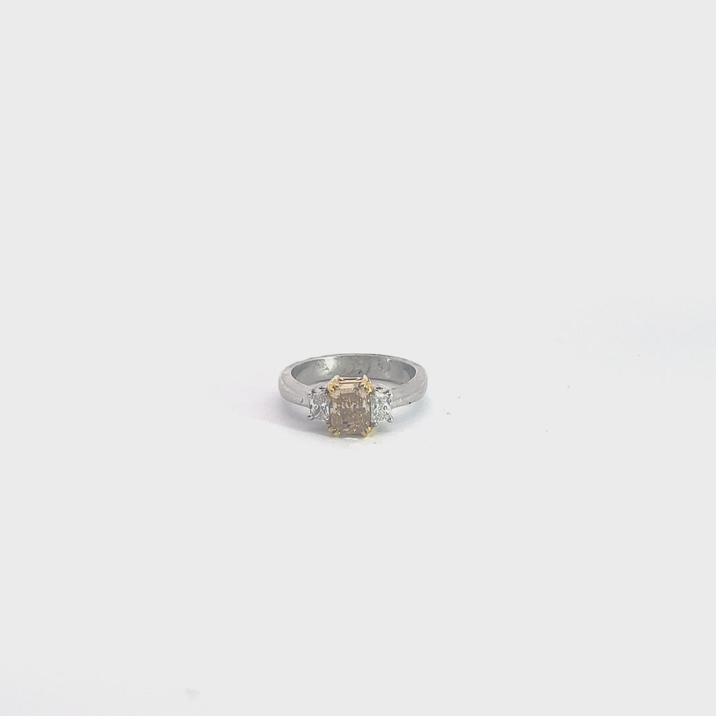 18k Two Toned 1.02ct  Fancy Dark Yellow Diamond and .40ct F VS2 (2) Trapezoid Shape Diamond Engagement Ring Certified by GIA# 6204580476