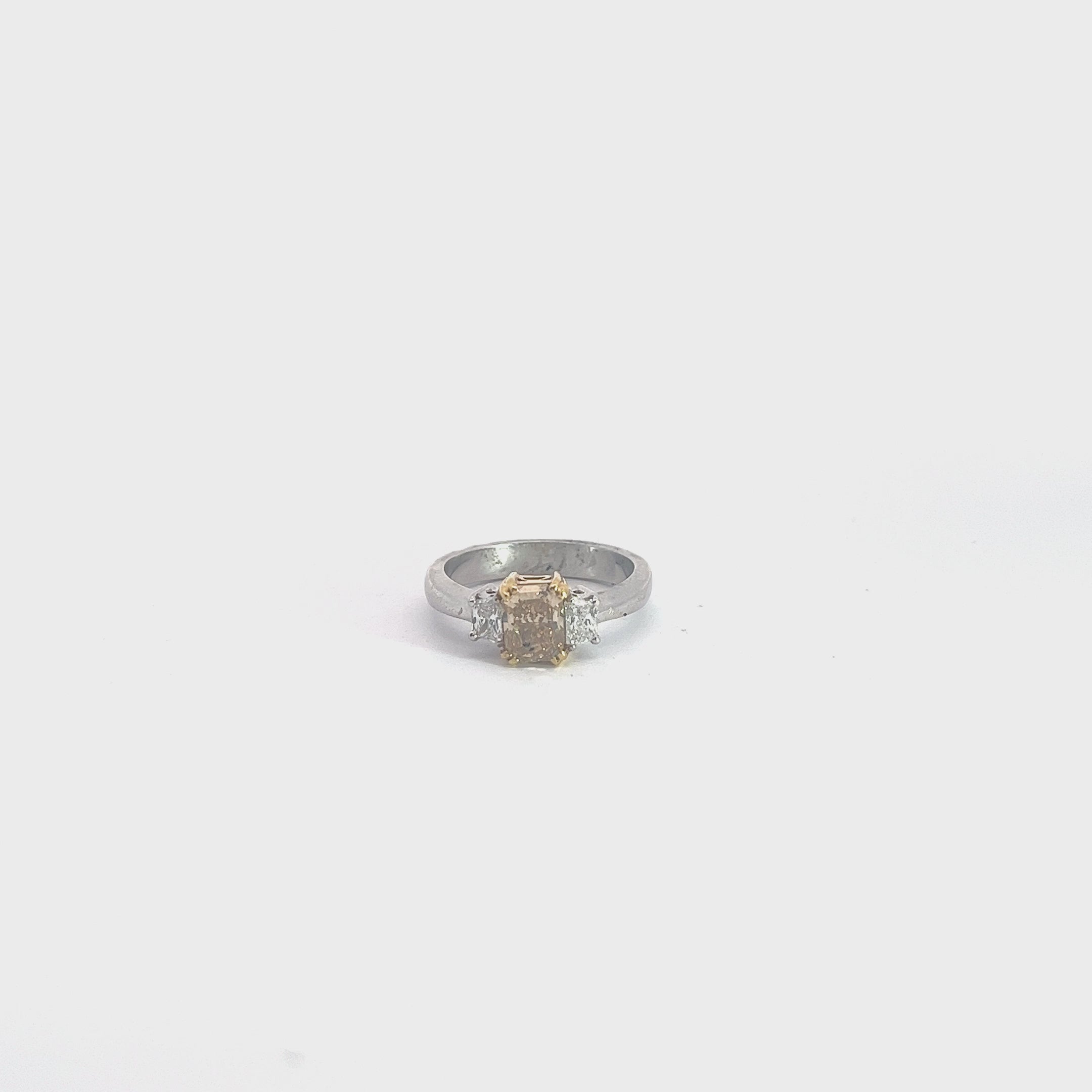 18k Two Toned 1.02ct  Fancy Dark Yellow Diamond and .40ct F VS2 (2) Trapezoid Shape Diamond Engagement Ring Certified by GIA# 6204580476