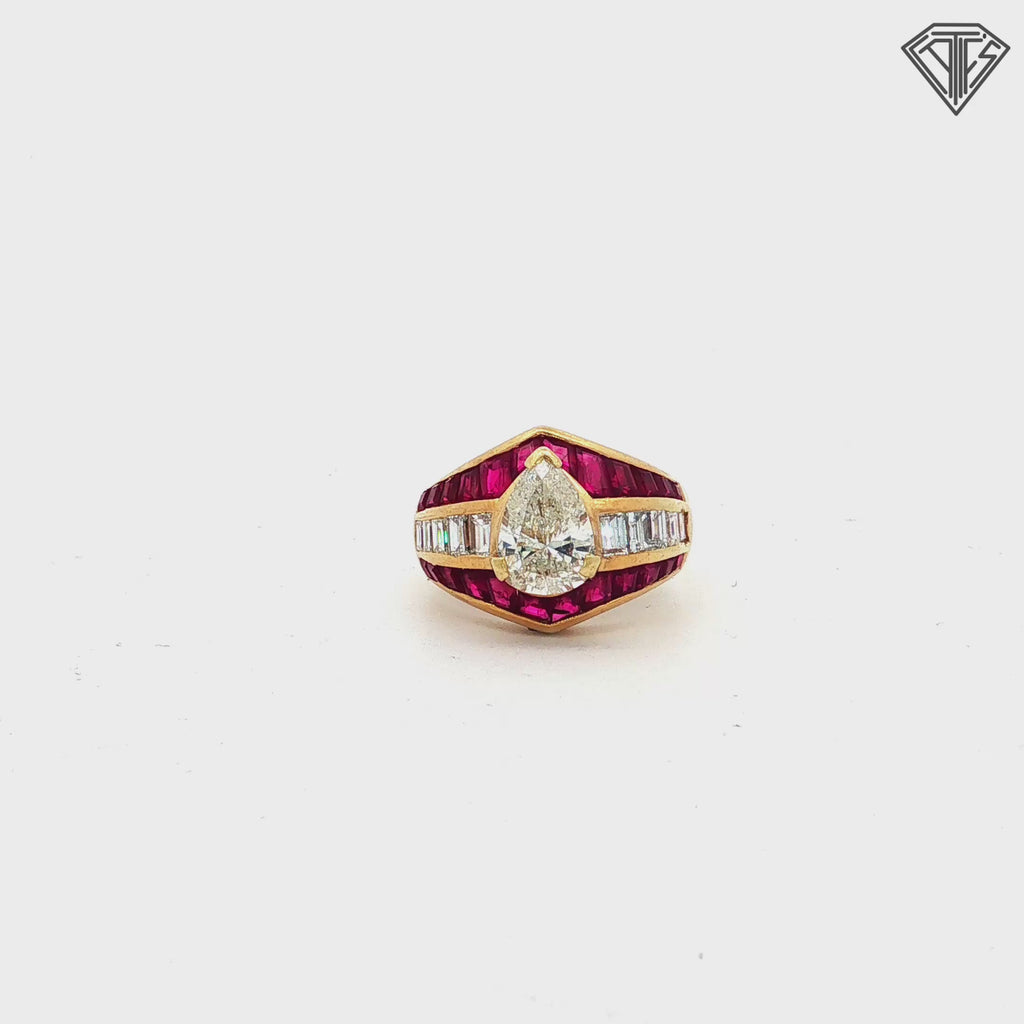 18k Yellow Gold 1.60ct I / I 1 Pear Shape Center / 1.50ct Ruby Princess Cut / .75ct G VS2 Baguette Diamond Vintage Bombe Ring  Size 6.5