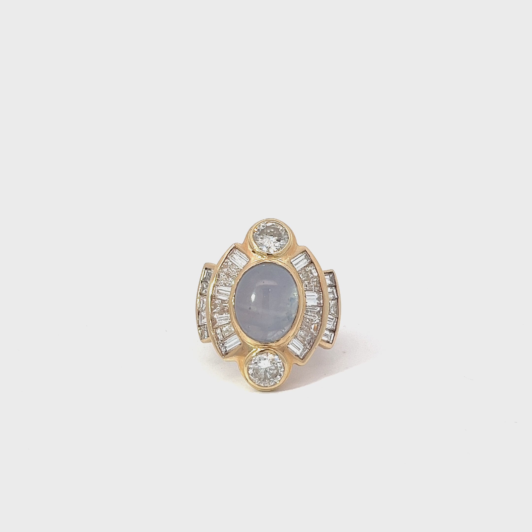 14k Yellow Gold Vintage 4.00ct Center Star Sapphire, 2.00ct G VS2 Baguette and 1.00ct G VS2 Round Diamond Ring