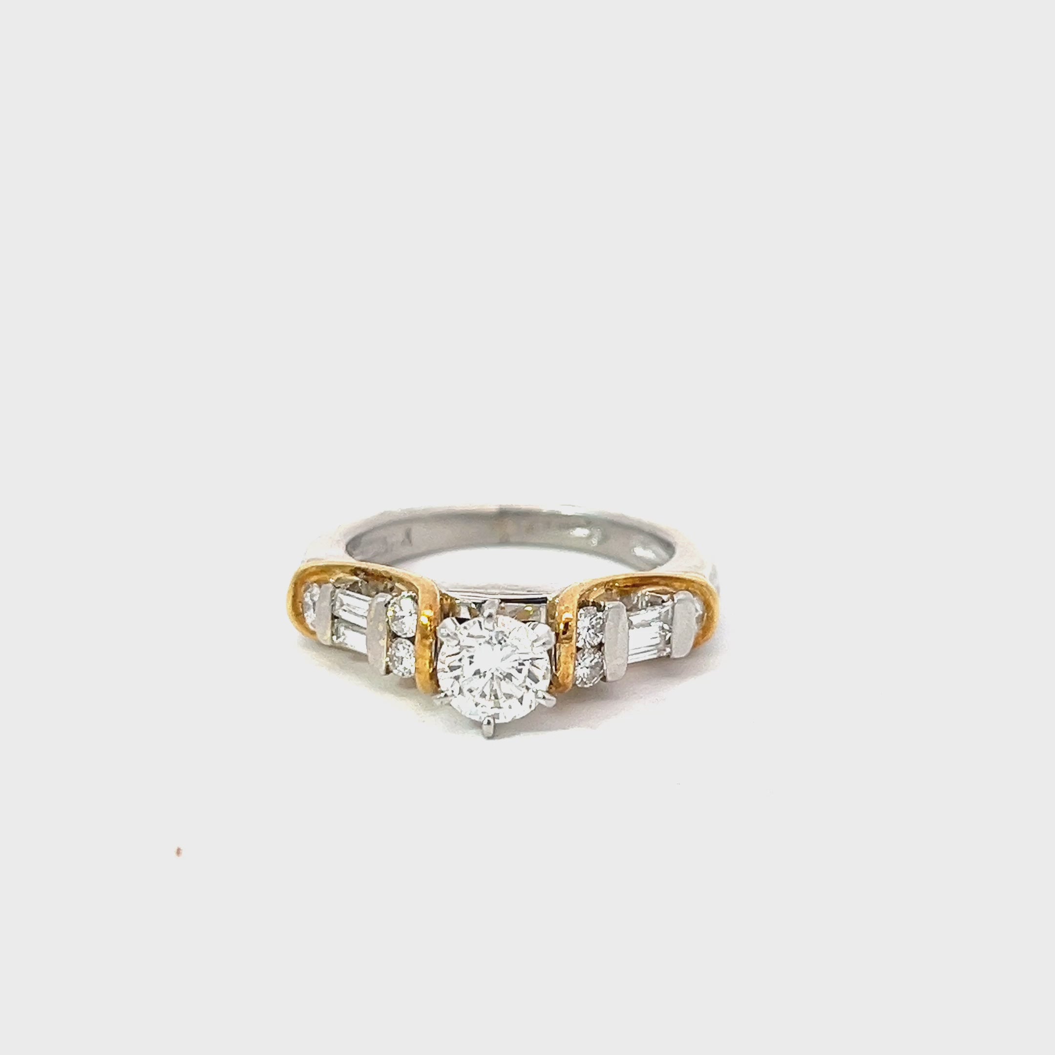 Platinum / 18k Yellow Gold .50ct E VS2 Round Center /.50ct E VS2 Baguette Diamond Channel Set Engagement Ring