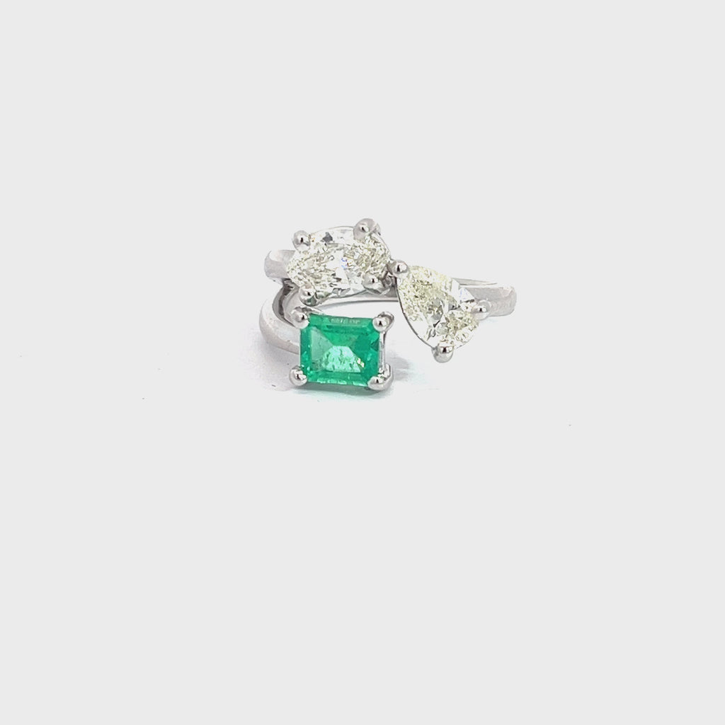 14k White Gold .73ct G VS2 Marquise Shape Diamond / .71ct G VS2 Pear Shape Diamond/ .68ct Colombian Emerald  Emerald Shape Toi et Moi Ring