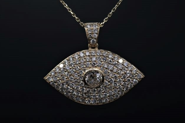 Mens 14k yellow gold Diamond evil eye pendant