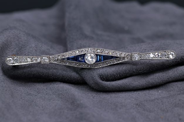 Ladies Vintage Platinum Diamond and Sapphire Brooch