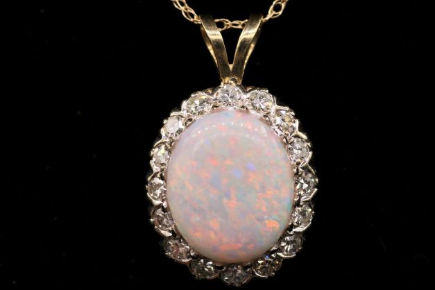Ladies 14k Yellow Gold Opal and Diamond Necklace