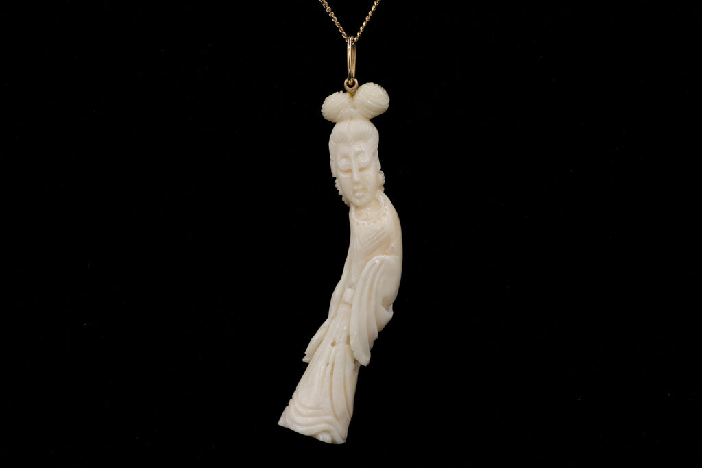 Vintage 14k Yellow Gold and Ivory Geisha Necklace