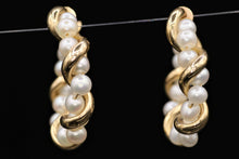 Load image into Gallery viewer, Ladies 14k yellow gold Pearl Hoop earrings