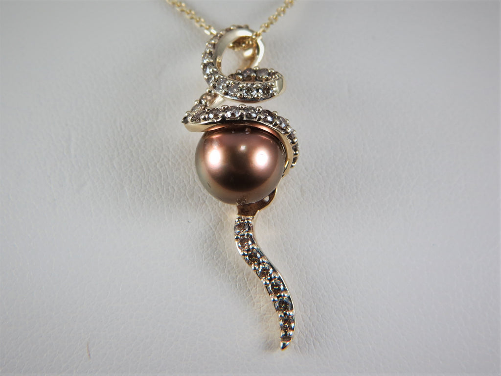 Ladies 14k Yellow Gold Chocolate diamond and Levian Pearl Necklace