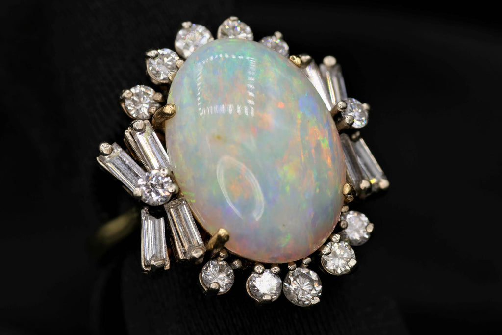 18k Two Toned 6.44ct Opal and 1.50ct F VS2 Round and Baguette Total Weight of Diamond Vintage Ring Size 5 1/4