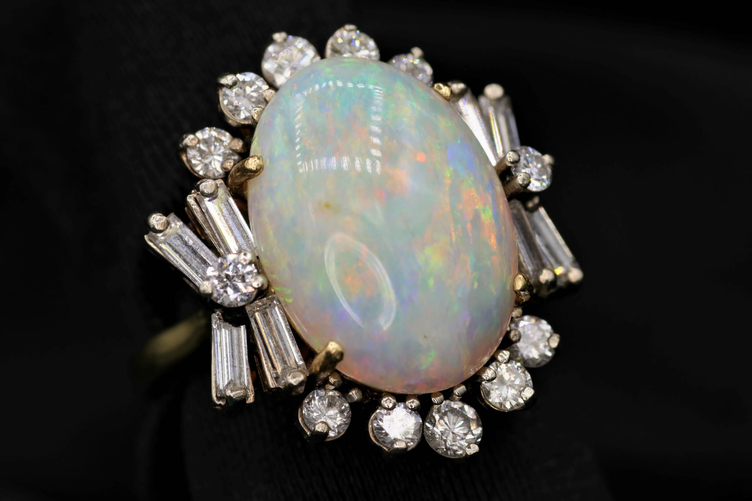 18k Two Toned 6.44ct Opal and 1.50ct F VS2 Round and Baguette Total Weight of Diamond Vintage Ring Size 5 1/4