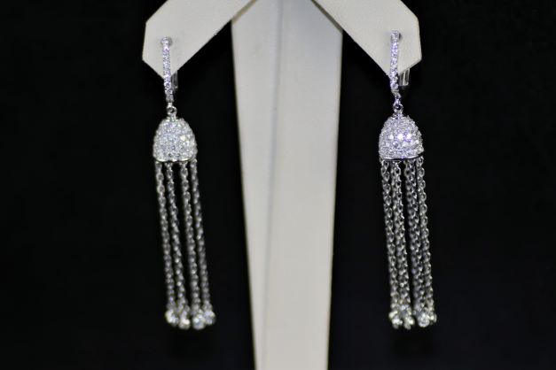 Ladies 14k White Gold Diamond Pave Dangle Earrings