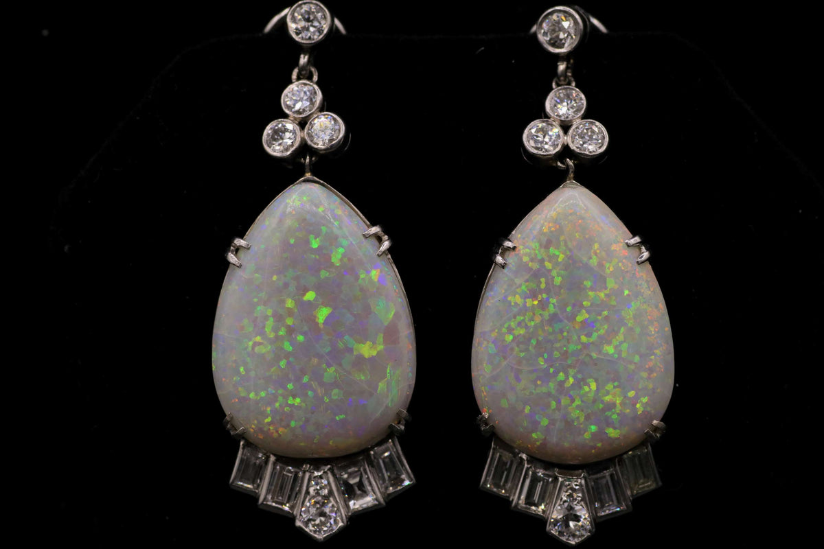 Ladies Platinum Vintage Diamond & Opal Drop Earrings